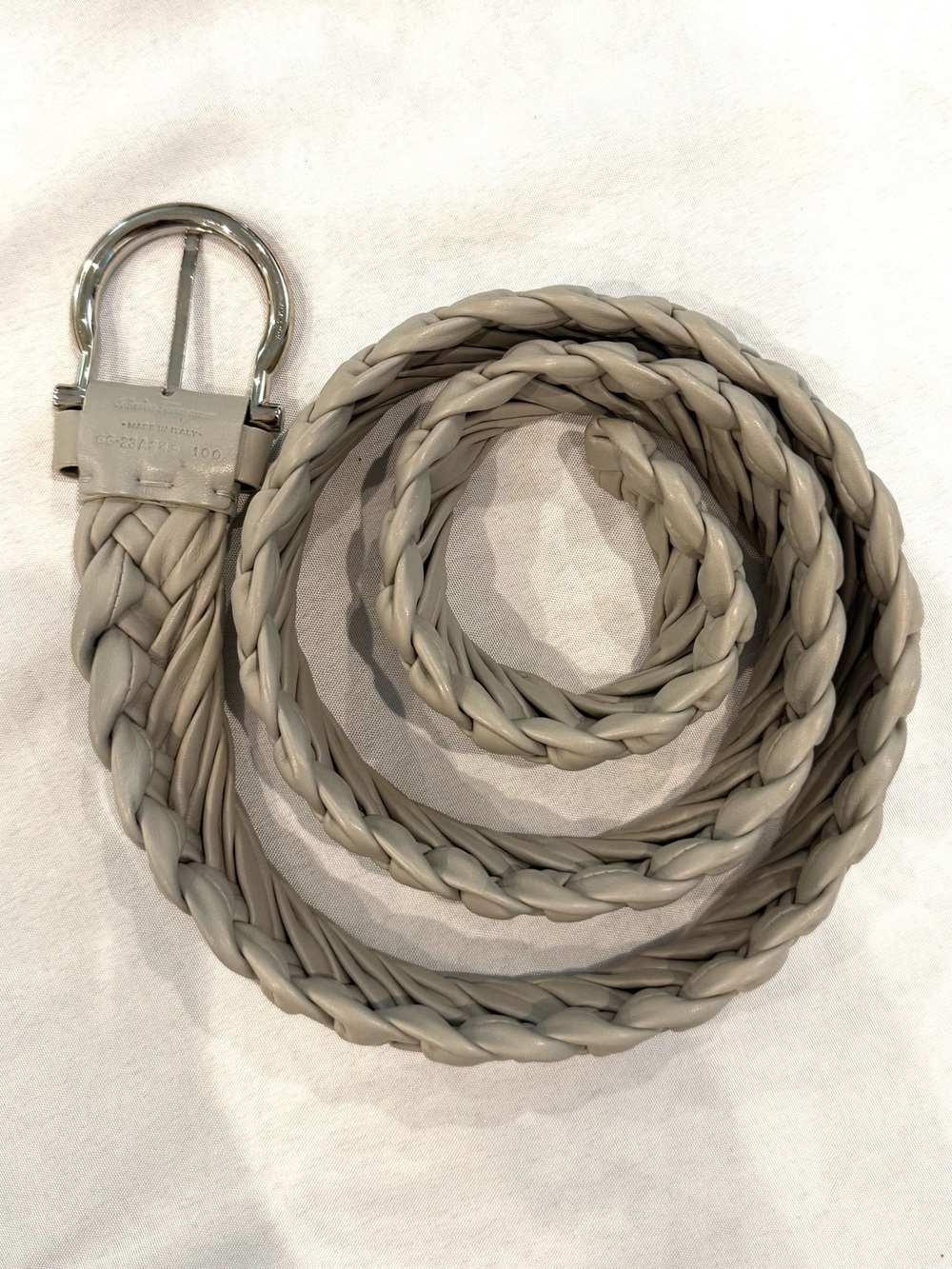 Salvatore Ferragamo Women’s Soft Grey Leather Woven Belt - Sz. 100cm